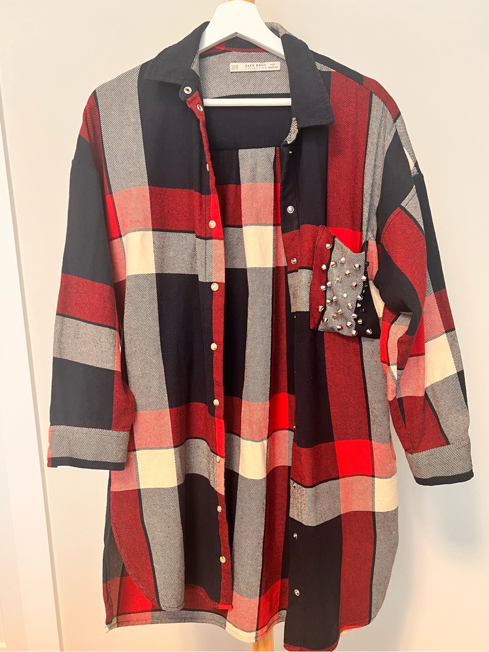 Zara Women’s Plaid Studded Pocket Shirt Tunic- Red & Black